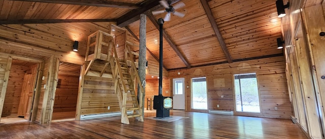 unfurnished living room featuring a baseboard radiator, a wood stove, wooden ceiling, and wooden walls