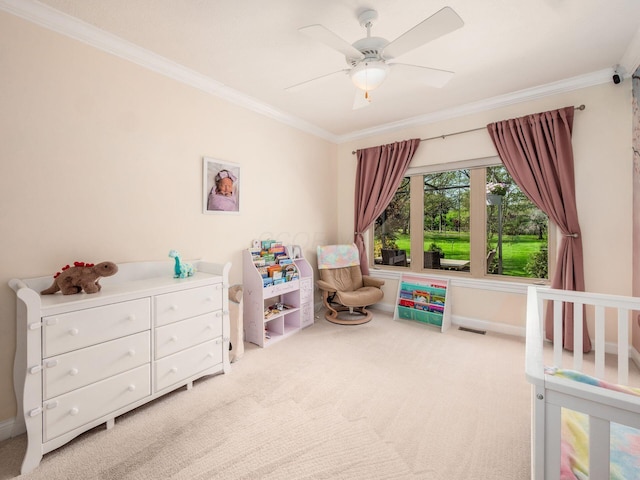 bedroom featuring baseboards, light carpet, visible vents, and crown molding