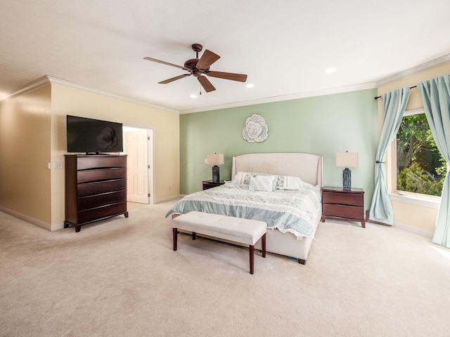 carpeted bedroom with ceiling fan, baseboards, ornamental molding, and recessed lighting