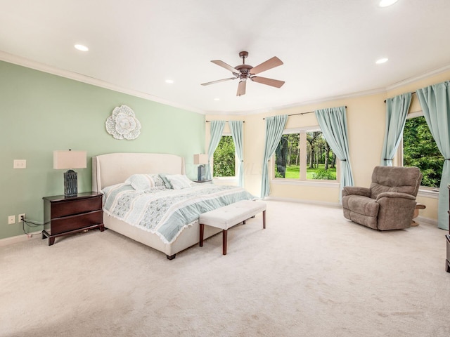 bedroom featuring baseboards, ornamental molding, recessed lighting, and carpet floors
