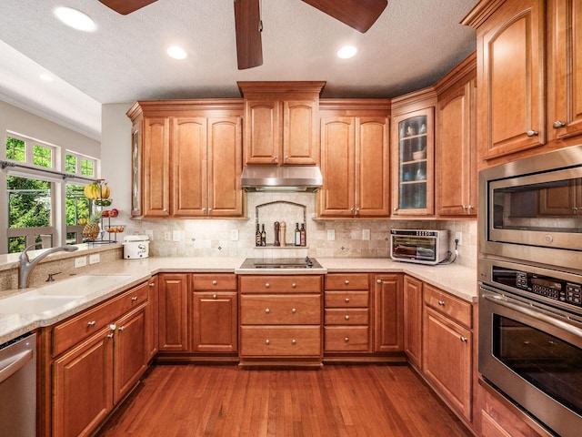 kitchen with a sink, a toaster, stainless steel appliances, under cabinet range hood, and dark wood-style floors