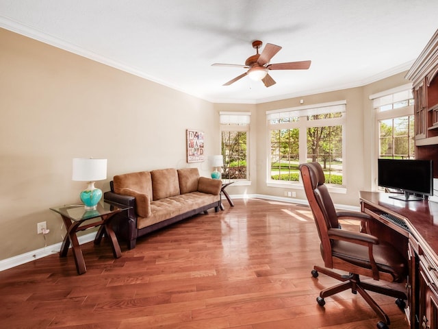 office with ceiling fan, wood finished floors, baseboards, and ornamental molding