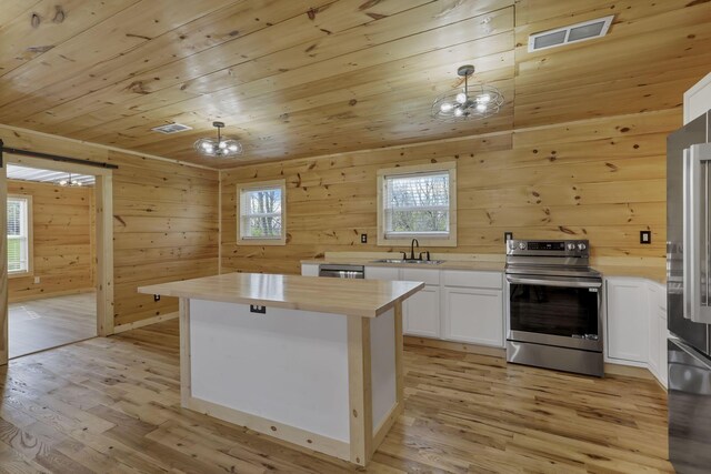 7435 Baltimore Somerset Rd NE, Thornville, OH 43076 - kitchen featuring visible vents, light wood-style flooring, wooden ceiling, and stainless steel appliances