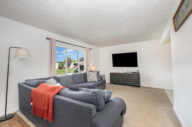 living area featuring baseboards, a textured ceiling, and light colored carpet
