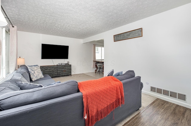 living area with wood finished floors, a textured ceiling, and visible vents