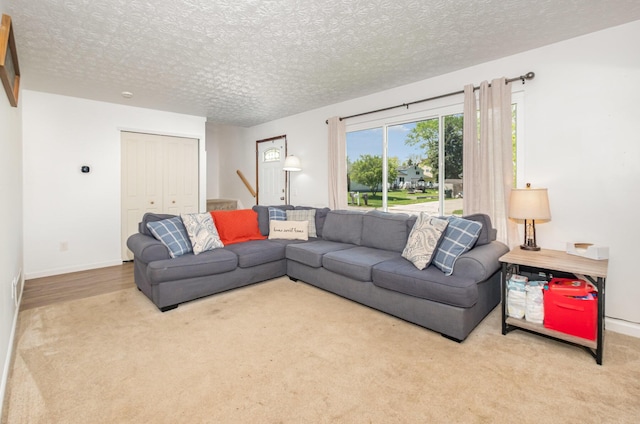 carpeted living area featuring a textured ceiling and baseboards