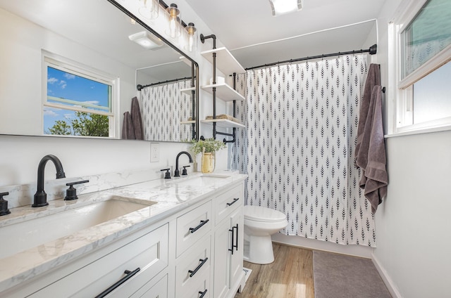 bathroom featuring double vanity, toilet, a sink, and wood finished floors