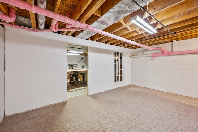 unfinished below grade area featuring carpet