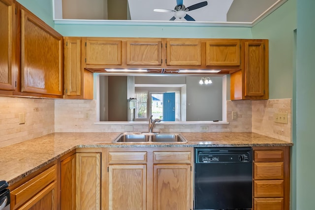 kitchen featuring a sink, decorative backsplash, ceiling fan, and dishwasher