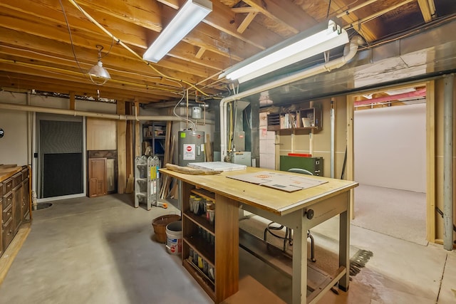 unfinished below grade area with heating unit and water heater