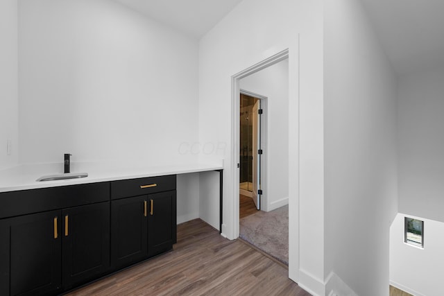 interior space featuring baseboards, a sink, and wood finished floors