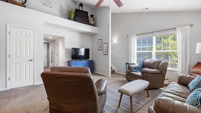42 Ellington Commons Ln, Granville, OH 43023 - living area featuring carpet floors, a ceiling fan, baseboards, and stairs