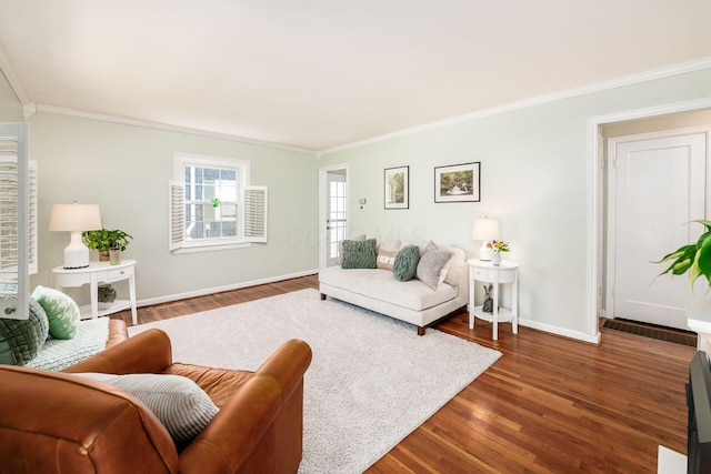 439 Chatham Rd, Columbus, OH 43214 - living room featuring crown molding, baseboards, and dark wood-style floors