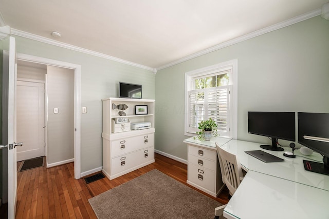439 Chatham Rd, Columbus, OH 43214 - home office featuring baseboards, ornamental molding, visible vents, and wood finished floors