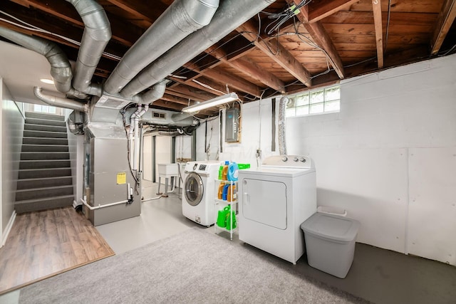 439 Chatham Rd, Columbus, OH 43214 - below grade area featuring electric panel, visible vents, washer and dryer, stairway, and heating unit