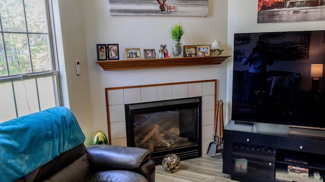 interior space featuring wood finished floors and a tile fireplace