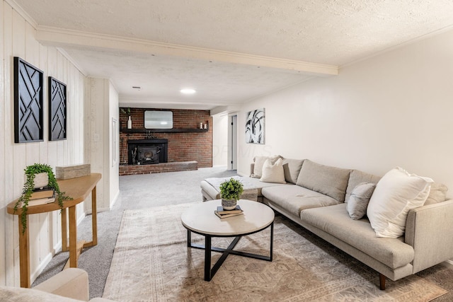 2583 Kingston Ave, Grove City, OH 43123 - living room featuring carpet flooring, a textured ceiling, ornamental molding, and beamed ceiling