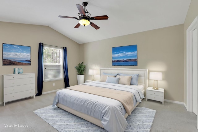 347 Wyncroft Ct, Pataskala, OH 43062 - bedroom featuring baseboards, ceiling fan, lofted ceiling, and light carpet