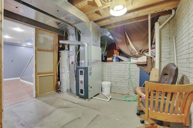 347 Wyncroft Ct, Pataskala, OH 43062 - unfinished basement with heating unit, gas water heater, and brick wall