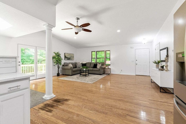 1889 Wolverine Dr, Sugar Grove, OH 43155 - living room featuring ornate columns, a ceiling fan, lofted ceiling, light wood-style flooring, and recessed lighting