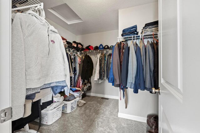 spacious closet with carpet and attic access