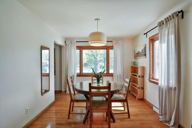 dining area featuring baseboard heating, baseboards, a wealth of natural light, and light wood-type flooring