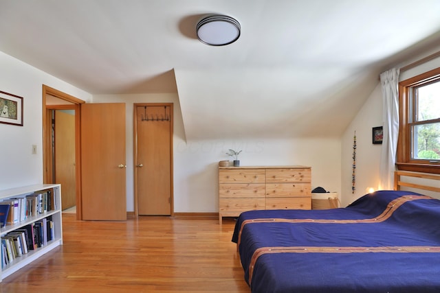 bedroom featuring wood finished floors and vaulted ceiling