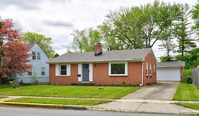 4589 Annhurst Rd, Columbus, OH 43228 - view of front of property with brick siding, a chimney, a garage, a shingled roof, and an outdoor structure