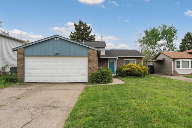 ranch-style home with brick siding, driveway, a front lawn, and an attached garage