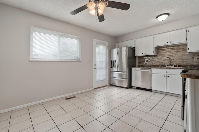 kitchen with stainless steel appliances, dark countertops, a ceiling fan, a sink, and tasteful backsplash