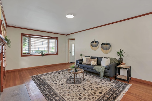 living room featuring baseboards, ornamental molding, and hardwood / wood-style floors