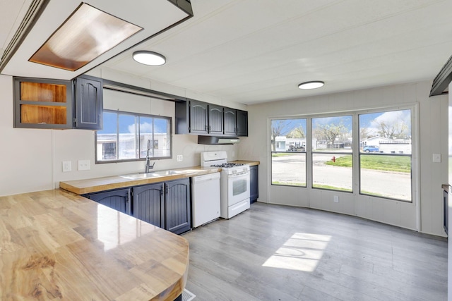 kitchen with a sink, under cabinet range hood, a wealth of natural light, and white appliances