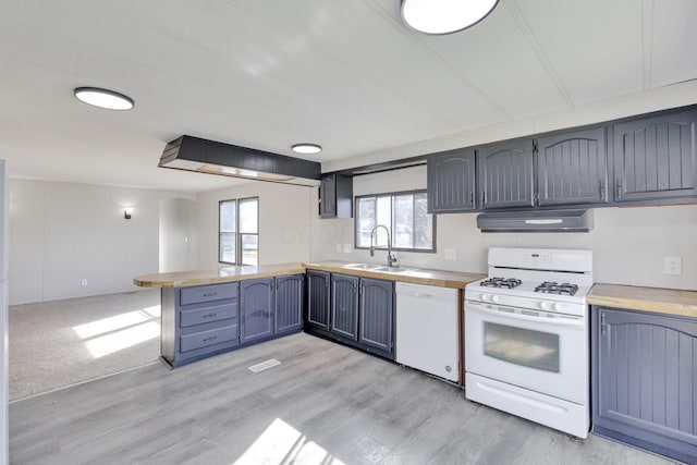 2445 Columbus Lancaster Rd NW, Lancaster, OH 43130 - kitchen with a peninsula, wooden counters, white appliances, under cabinet range hood, and a sink