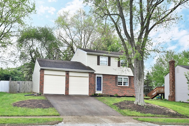view of front of property featuring a garage, brick siding, driveway, and roof with shingles