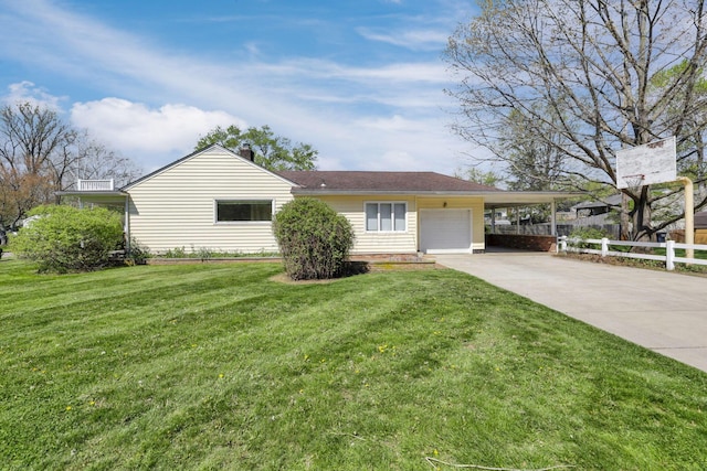 single story home featuring a carport, fence, a front lawn, concrete driveway, and an attached garage