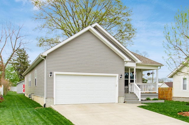 view of front facade featuring covered porch, an attached garage, driveway, and a front lawn