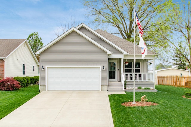 ranch-style home featuring covered porch, driveway, a front yard, a garage, and fence