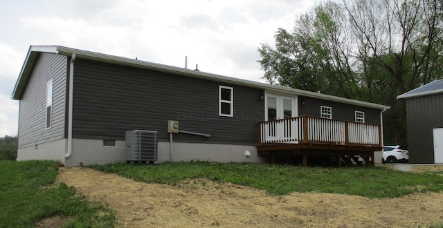 rear view of house featuring central AC unit, crawl space, and a deck