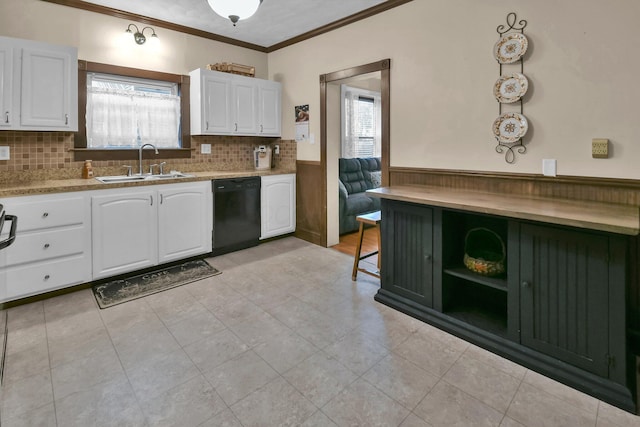 54 E Smiley Ave, Shelby, OH 44875 - kitchen with black dishwasher, crown molding, a sink, and white cabinets