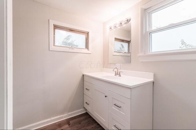 bathroom with baseboards, wood finished floors, and vanity