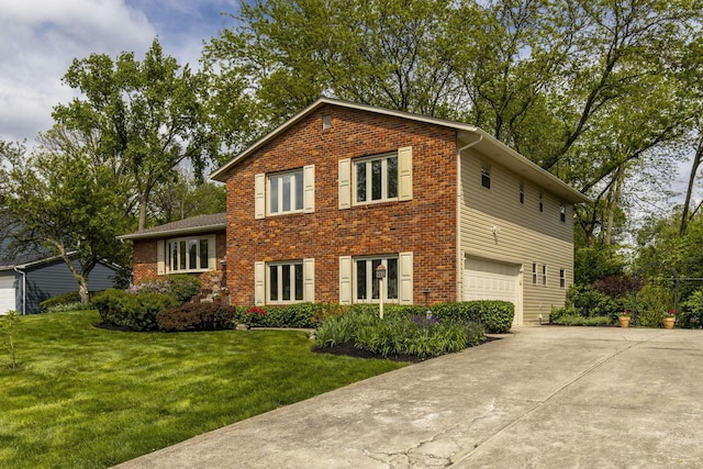 4522 Crompton Dr, Columbus, OH 43220 - view of front facade with brick siding, a garage, concrete driveway, and a front lawn
