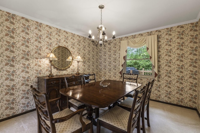 4522 Crompton Dr, Columbus, OH 43220 - carpeted dining area featuring a chandelier, wallpapered walls, baseboards, and crown molding