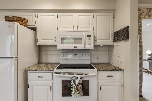 4522 Crompton Dr, Columbus, OH 43220 - kitchen with white appliances, white cabinets, tasteful backsplash, dark stone counters, and ornamental molding