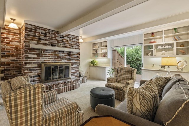 4522 Crompton Dr, Columbus, OH 43220 - living area featuring carpet floors, a brick fireplace, and beamed ceiling