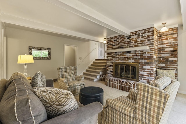 4522 Crompton Dr, Columbus, OH 43220 - carpeted living area with beam ceiling, a brick fireplace, and stairway