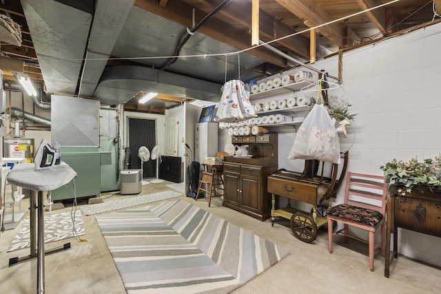 4522 Crompton Dr, Columbus, OH 43220 - unfinished below grade area featuring heating unit, electric water heater, and concrete block wall