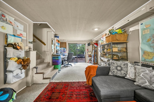 interior space featuring carpet floors and stairs