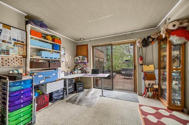 carpeted home office with a textured ceiling