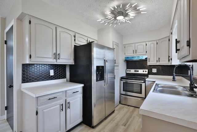 1235 Beechwood Rd, Columbus, OH 43227 - kitchen featuring appliances with stainless steel finishes, under cabinet range hood, a textured ceiling, light wood finished floors, and decorative backsplash