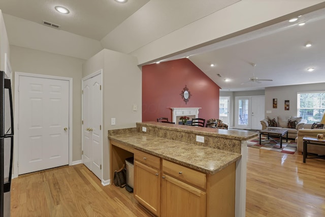 kitchen with a peninsula, open floor plan, ceiling fan, light wood finished floors, and vaulted ceiling